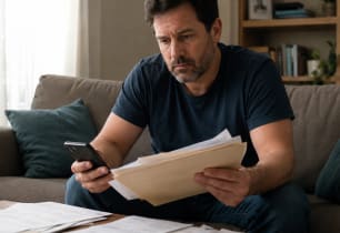 Man reviewing bills with a worried expression while considering debt consolidation while unemployed.