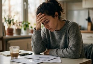 A woman that is worried because she's been denied a debt consolidation loan.