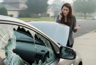 A woman talking on a cell phone with her car insurance company after items have been stolen from her car.