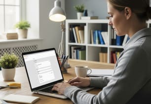 A woman filing a tax extension online. 