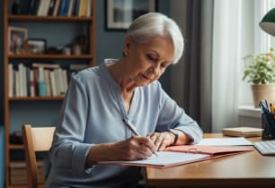 A senior woman completing a IRS Form 1310. 