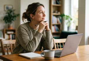 A woman deciding between Freedom Debt Relief and National Debt Relief for debt settlement.