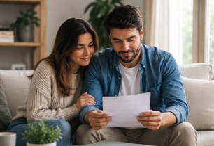 A couple learning about hazard insurance to protect their home.