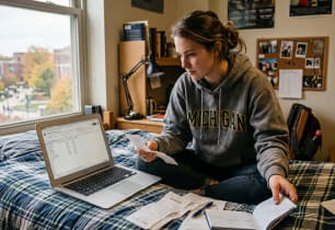 College student reviewing monthly expenses and budget.