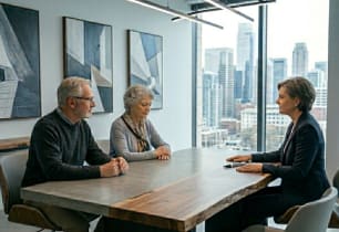 An elderly couple discussing a home equity loan vs. line of credit with a mortgage lender.