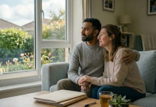 A couple feeling content because they understand the limitations and protections of their home insurance.