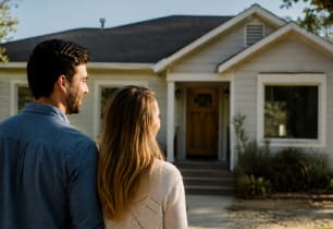 Couple standing in front of their first home.