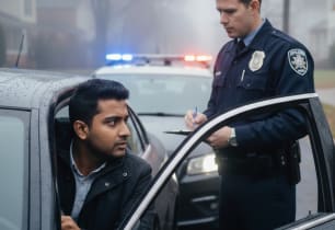 A traffic officer stopping a man that was speeding. 