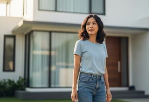 A woman standing in front of a house after she got approved for a mortgage with bad credit. 