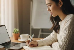 A woman sitting at her desk and figuring out how to pay off her personal loan faster.