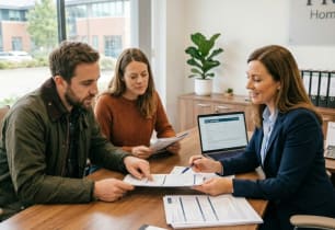 A couple talking to a mortgage lender about investment properties.