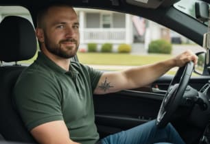 A military member driving his car with his added discounts.