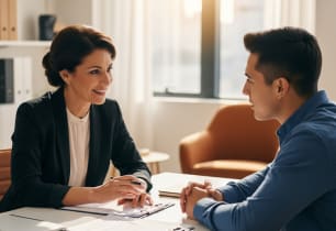 A woman from a Mortgage lender explaining to a buyer what mortgage insurance is. 