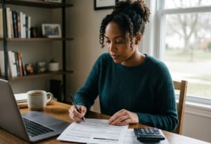 Homeowner using a calculator and loan estimate to work out her refinance break-even point.