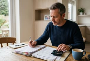 Homeowner calculating the cost to refinance a mortgage.