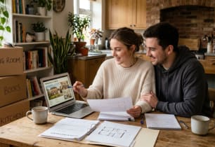 A young couple researching weather they can buy a house if they have student loans.