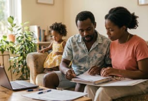 Couple reviewing multiple life insurance policies together at home.