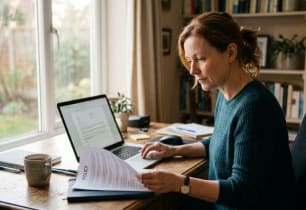 Person reviewing a permanent life insurance policy at home.