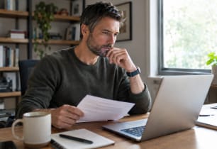Man reviewing personal loan documents and comparing offers on a laptop.