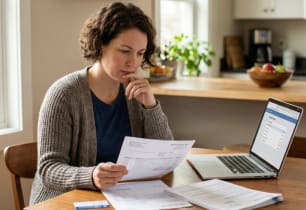 Person reviewing a medical bill and insurance documents at home to understand how to pay medical bills with insurance.
