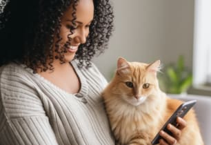 A woman holding her cat while filing a pet insurance claim. 
