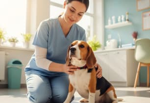 Veterinarian in blue scrubs examining a beagle dog in a modern veterinary clinic, illustrating the importance of understanding pet insurance coverage.