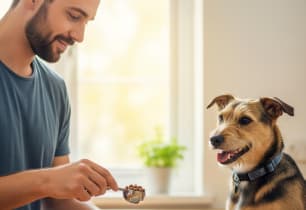A man feeding his dog prescription pet food, which is covered by his pet insurance. 