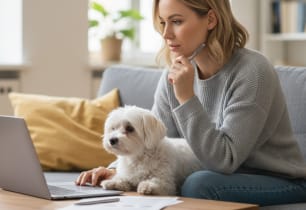 A woman deciding between pet insurance or a savings plan. 