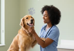 A golden retriever getting a preventive care add-on service 