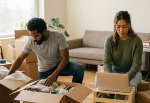Couple reviewing renters insurance options in California.