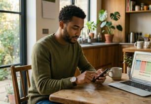 Young person setting up automatic savings transfers on a banking app to practice reverse budgeting and pay themselves first.