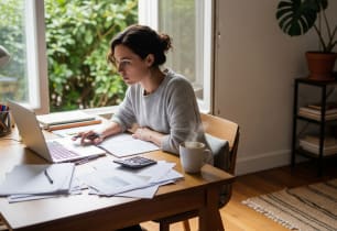 A self-employed, remote worker figuring out her tax. 