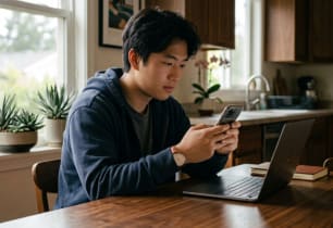 Man checking AI banking features on his phone at home.