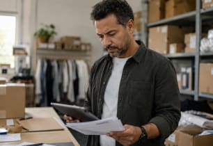 Small business owner reviewing rising costs from tariffs.