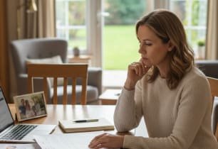 A woman sitting at a table wondering how she can get tax relief after her divorce. 