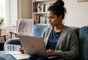 Man comparing options on a laptop to choose among the types of personal loans.