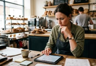 Small business owner reviewing insurance coverage in their shop.