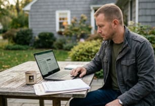 Veteran reviewing VA loan paperwork and comparing mortgage rates at an outdoor table.