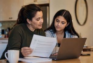 Parent and student reviewing student loan and financial aid options.