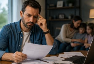 A man with a young family contemplating using family savings vs. a life insurance policy.