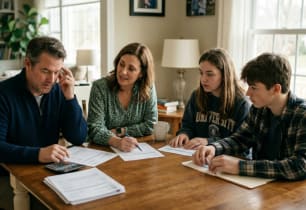 A family learning how to bridge the gap between federal aid and college costs. 