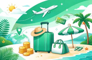 Flat-style illustration of a summer travel scene with luggage, an airplane, a beach umbrella, palm tree, credit card, and coins, using green and white tones to represent travel spending and vacation planning.