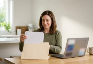 Woman at her kitchen table organizing loose papers into one folder to consolidate debt