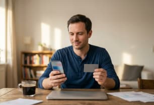 Man at his dining table holding a credit card and checking his phone to see how his credit card APR has changed.