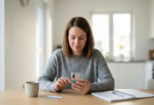 Woman at her kitchen table using a credit card payoff calculator on her phone to plan her payments