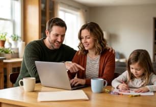 Parents making a will online at their kitchen table while their young daughter draws beside them