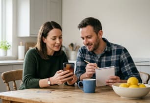 Couple at a kitchen table checking a personal loan payment on a phone and notepad