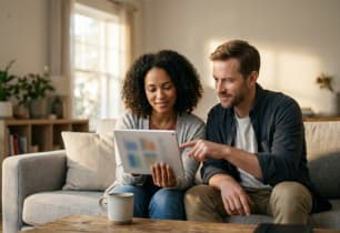 Couple on their sofa comparing personal loan refinance offers on a tablet.