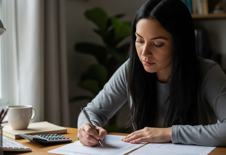 A woman filling out a 1099 form. 