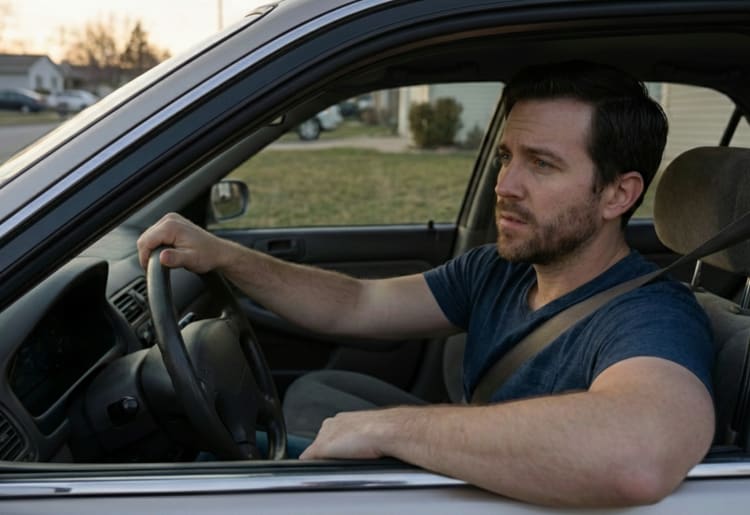 A man driving his car and worrying about car insurance after a DUI.